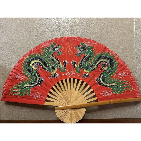 Large Japanese Asian Dragon Wall Fan Red Oriental Bamboo Wall Hanger 24”X40” - Picture 2 of 11